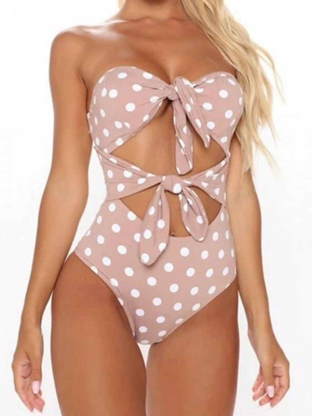 Bandeau Polka Dot Tie-Front One-Piece Swimsuit in Small
